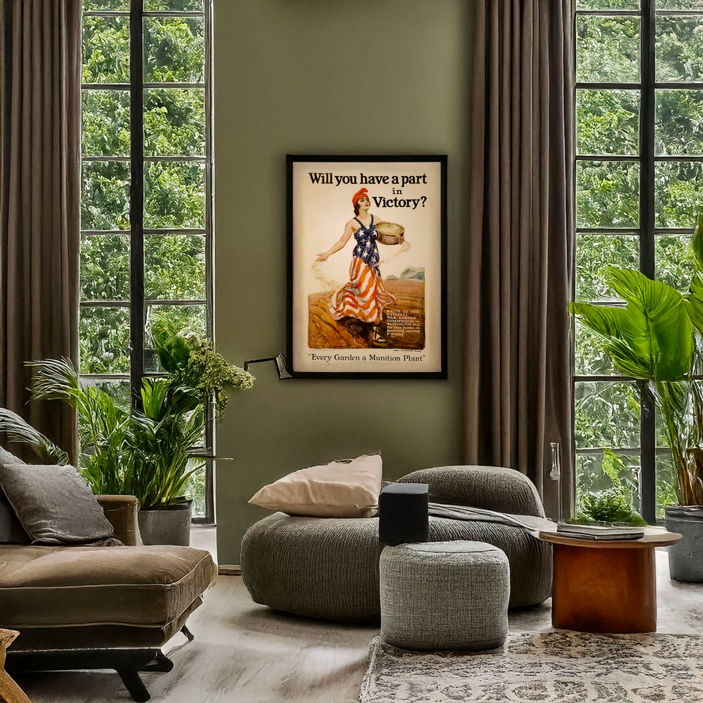 A picture of Will you have a part in victory?, a mockup of the print leaning against a wall