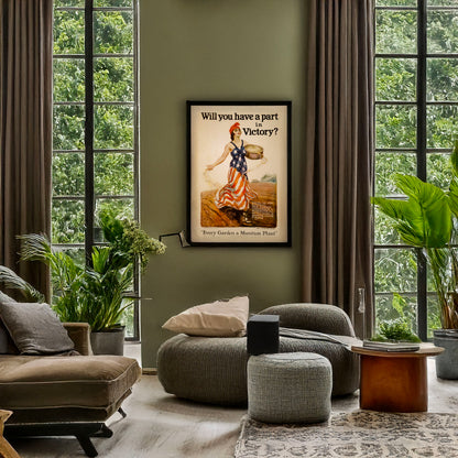 A picture of Will you have a part in victory?, a mockup of the print leaning against a wall
