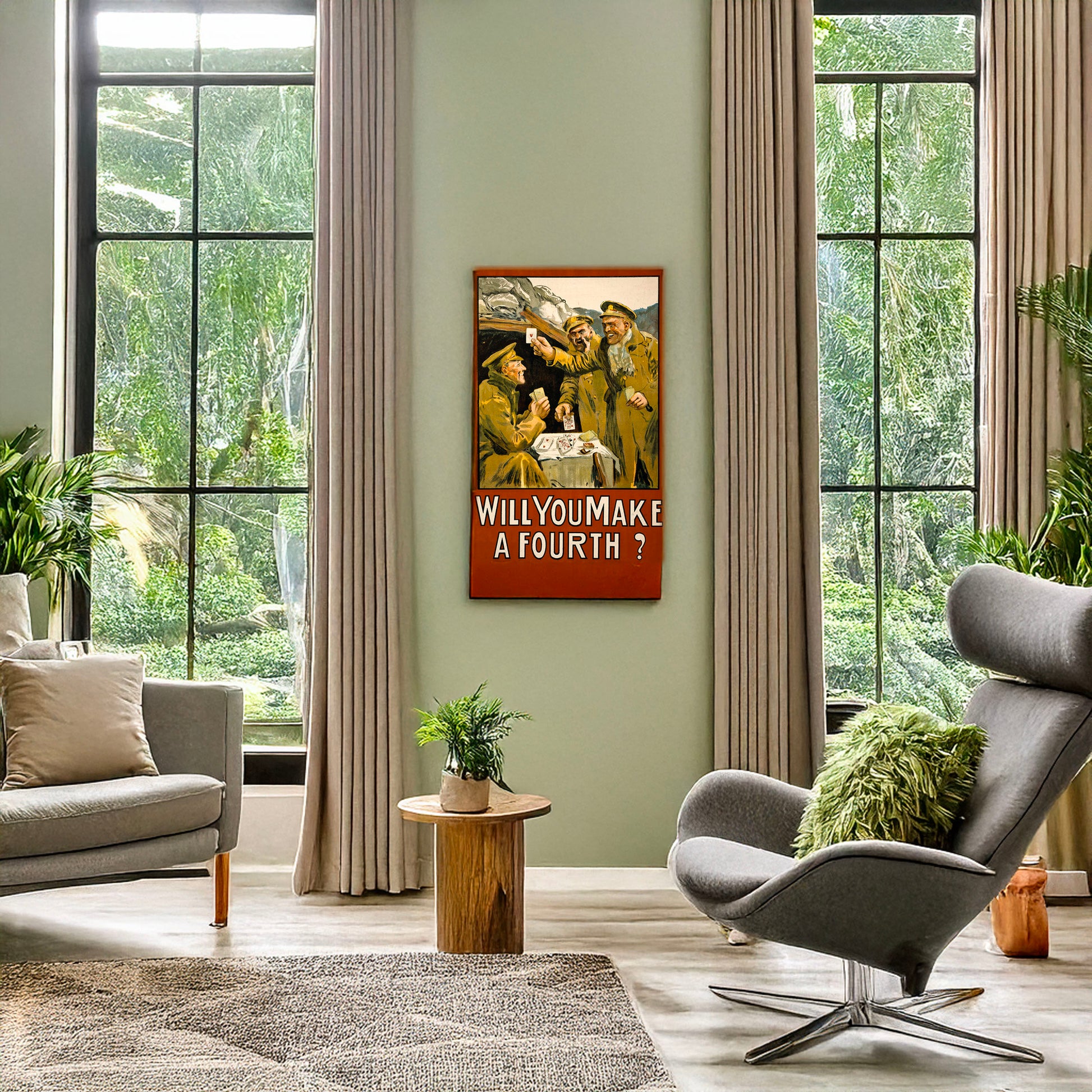 A picture of Will you make a fourth?, a mockup of the print leaning against a wall
