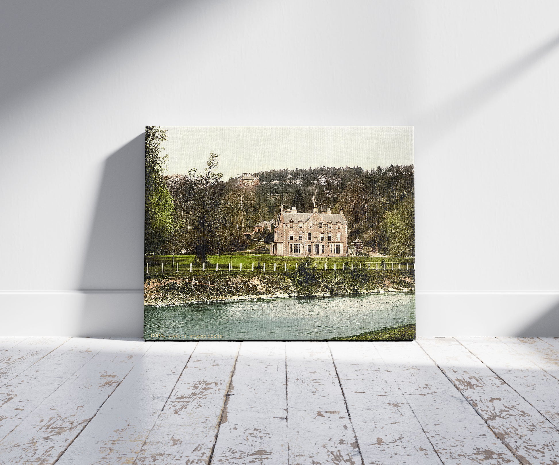 A picture of Wilton Lodge, Hawick, Scotland, a mockup of the print leaning against a wall