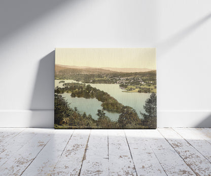 A picture of Windermere and Bowness, Lake District, England, a mockup of the print leaning against a wall