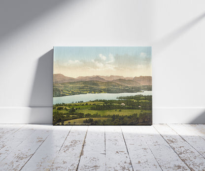 A picture of Windermere, from Orrest Head, Lake District, England, a mockup of the print leaning against a wall