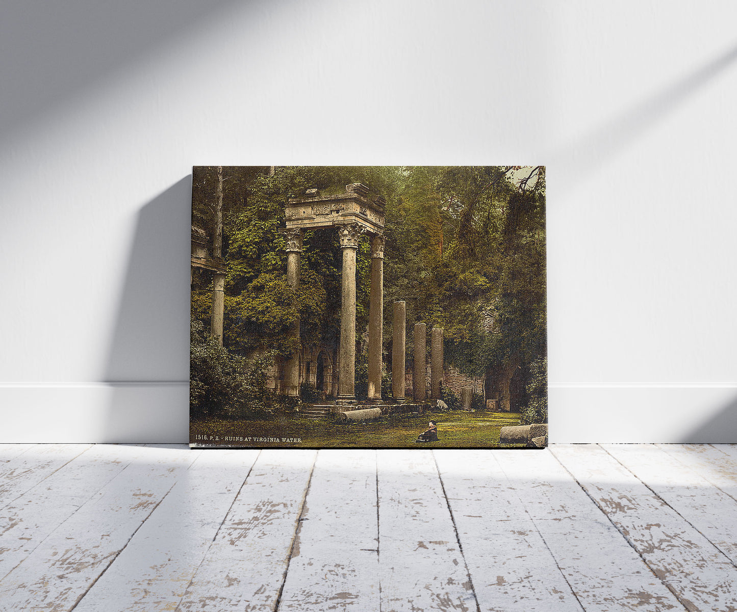 A picture of Windsor, ruins at Virginia Water, England, a mockup of the print leaning against a wall