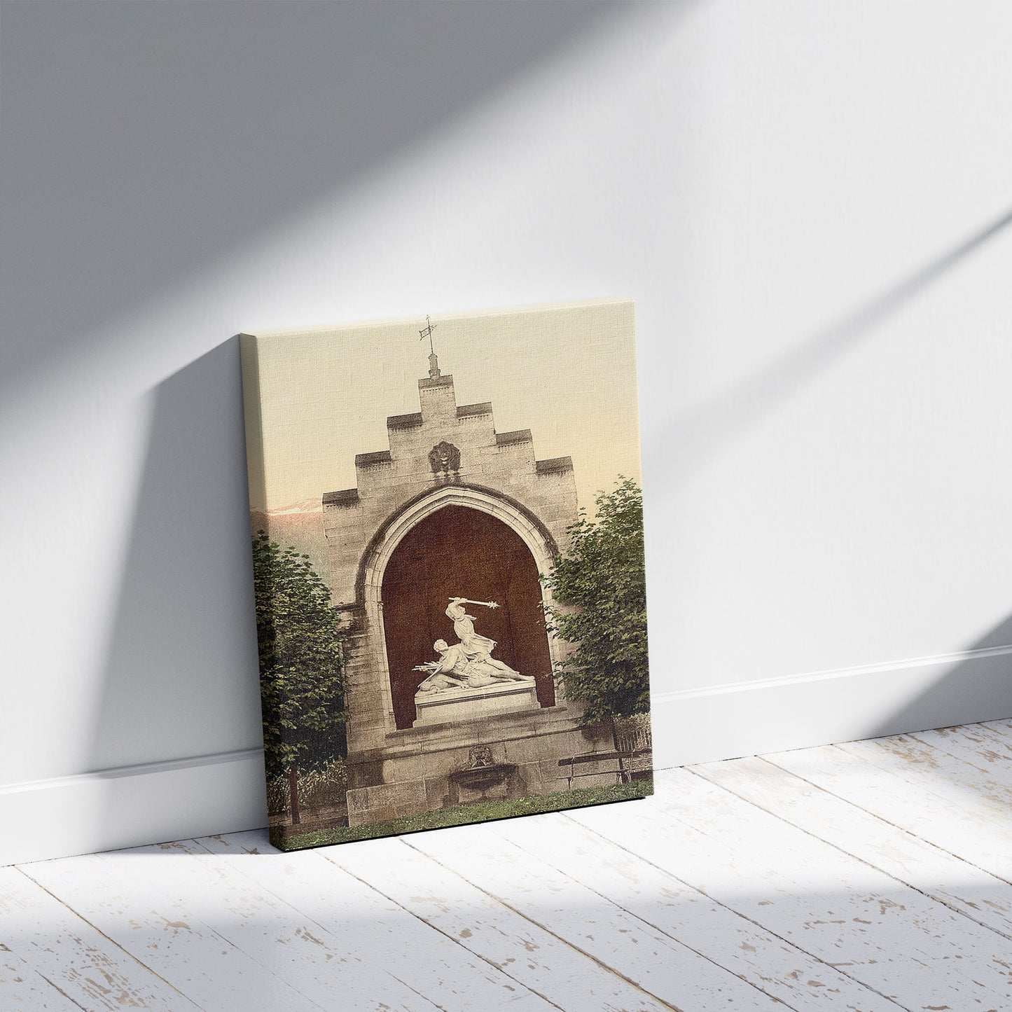 A picture of Winkelried Monument, Stans, Unterwald, Switzerland, a mockup of the print leaning against a wall