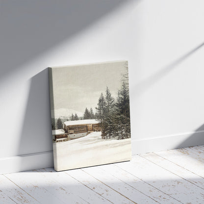 A picture of Winter scene with log structure, Grisons, Switzerland, a mockup of the print leaning against a wall