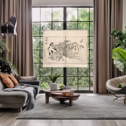 A picture of Wolves and winter reeds, a mockup of the print leaning against a wall