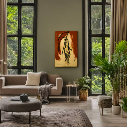 A picture of Woman carrying a red flag, a mockup of the print leaning against a wall