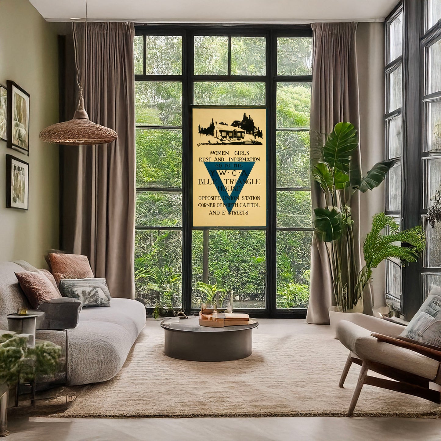 A picture of Women, girls - rest and information go to the YWCA blue triangle house opposite Union Station, a mockup of the print leaning against a wall
