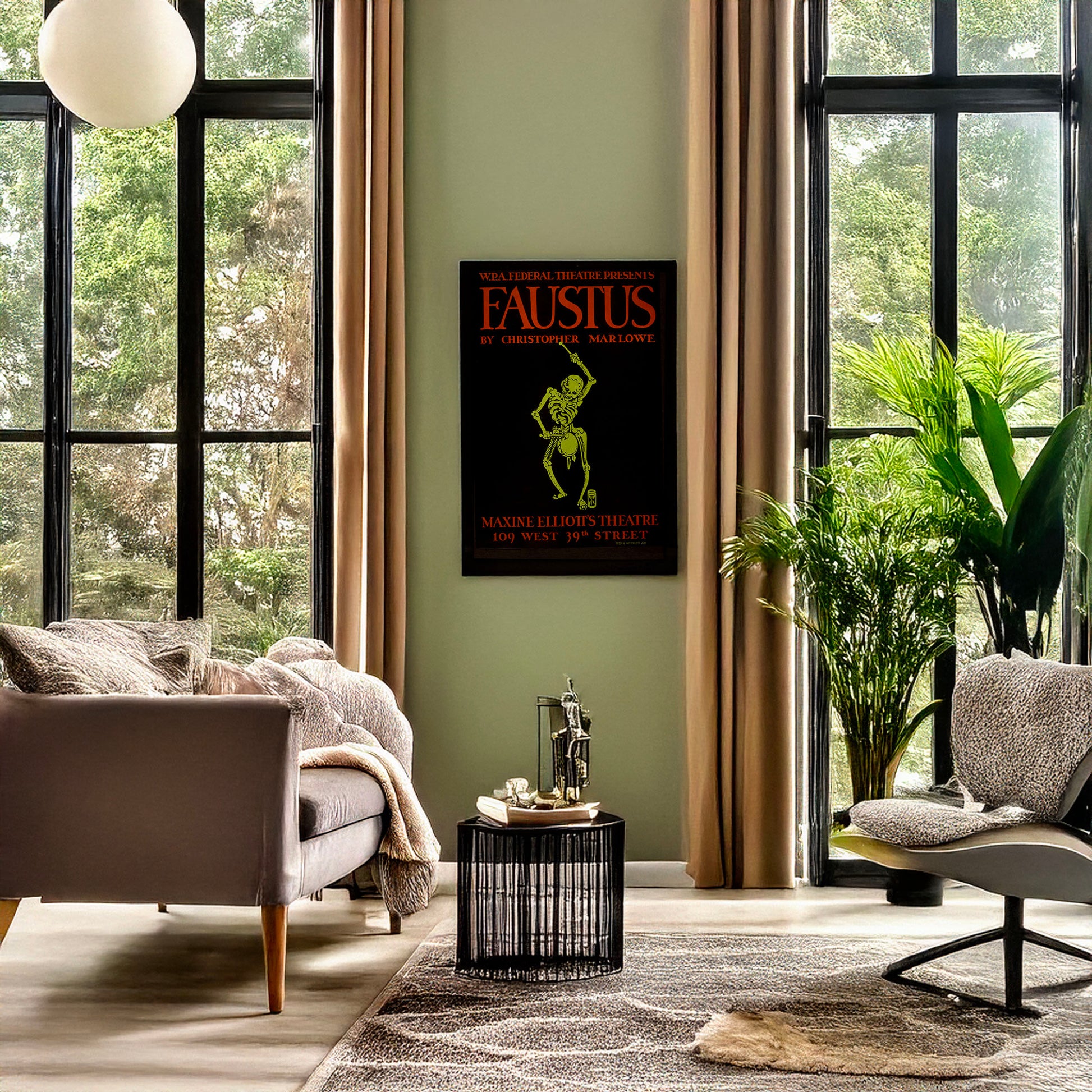 A picture of W.P.A. Federal Theatre Presents "Faustus" by Christopher Marlowe, a mockup of the print leaning against a wall