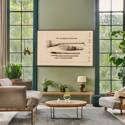 A picture of Writing brushes, a mockup of the print leaning against a wall