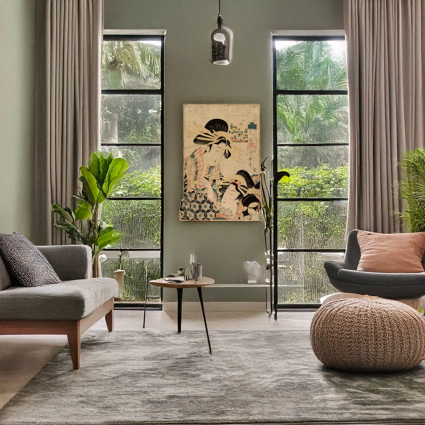 A picture of Yamabuki ōgiya uchi takigawa, a mockup of the print leaning against a wall