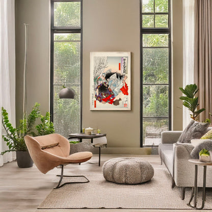 A picture of Yamato Takeru no Mikoto, a mockup of the print leaning against a wall
