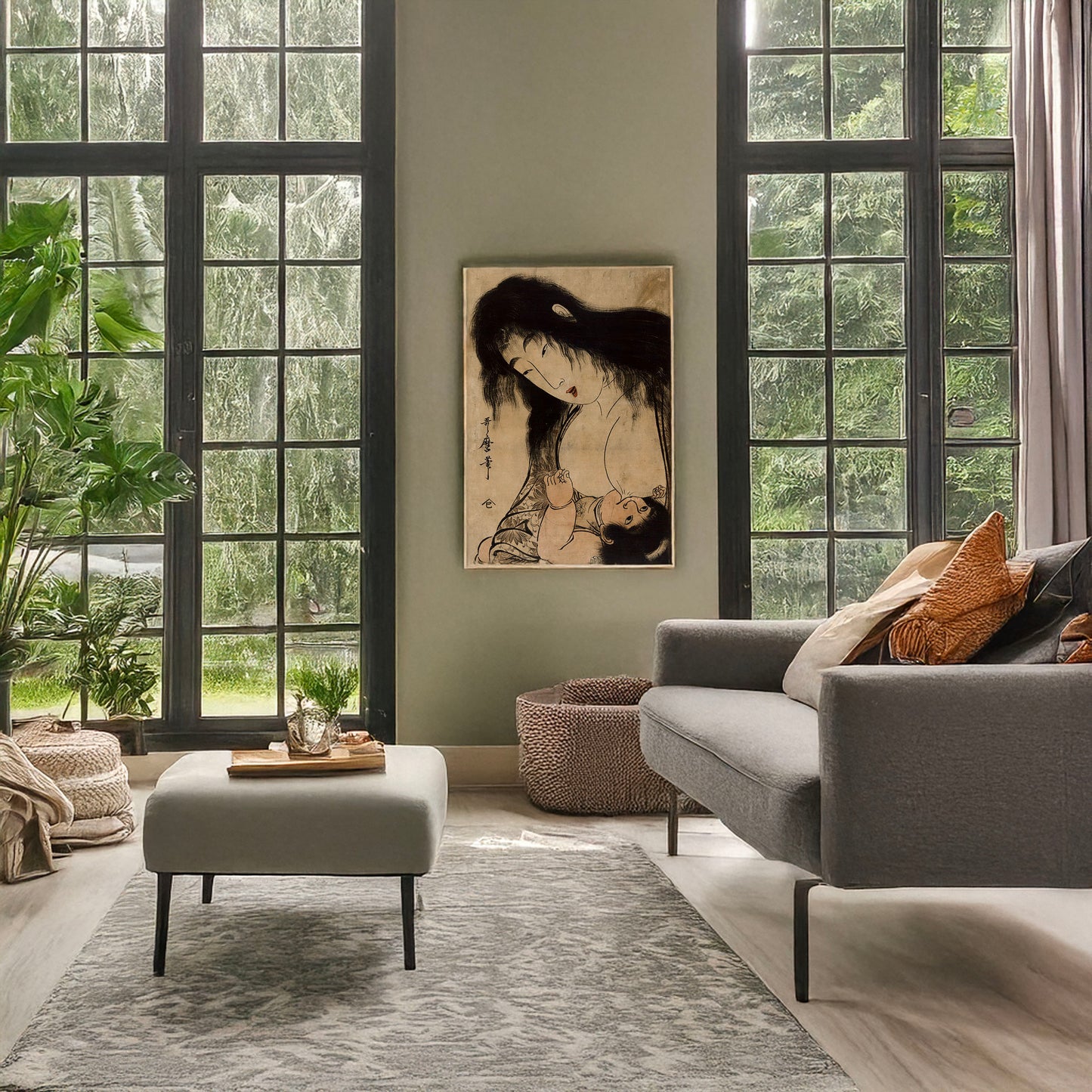 A picture of Yamauba no chichi o suh kintaro, a mockup of the print leaning against a wall