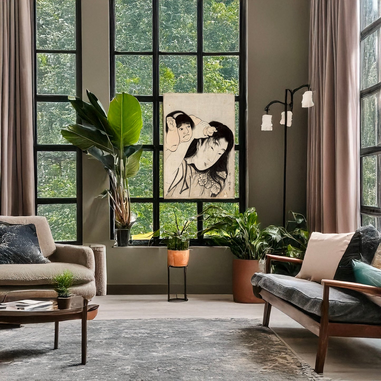 A picture of Yamauba no kami o tsukamu kintaro, a mockup of the print leaning against a wall