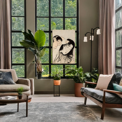 A picture of Yamauba no kami o tsukamu kintaro, a mockup of the print leaning against a wall