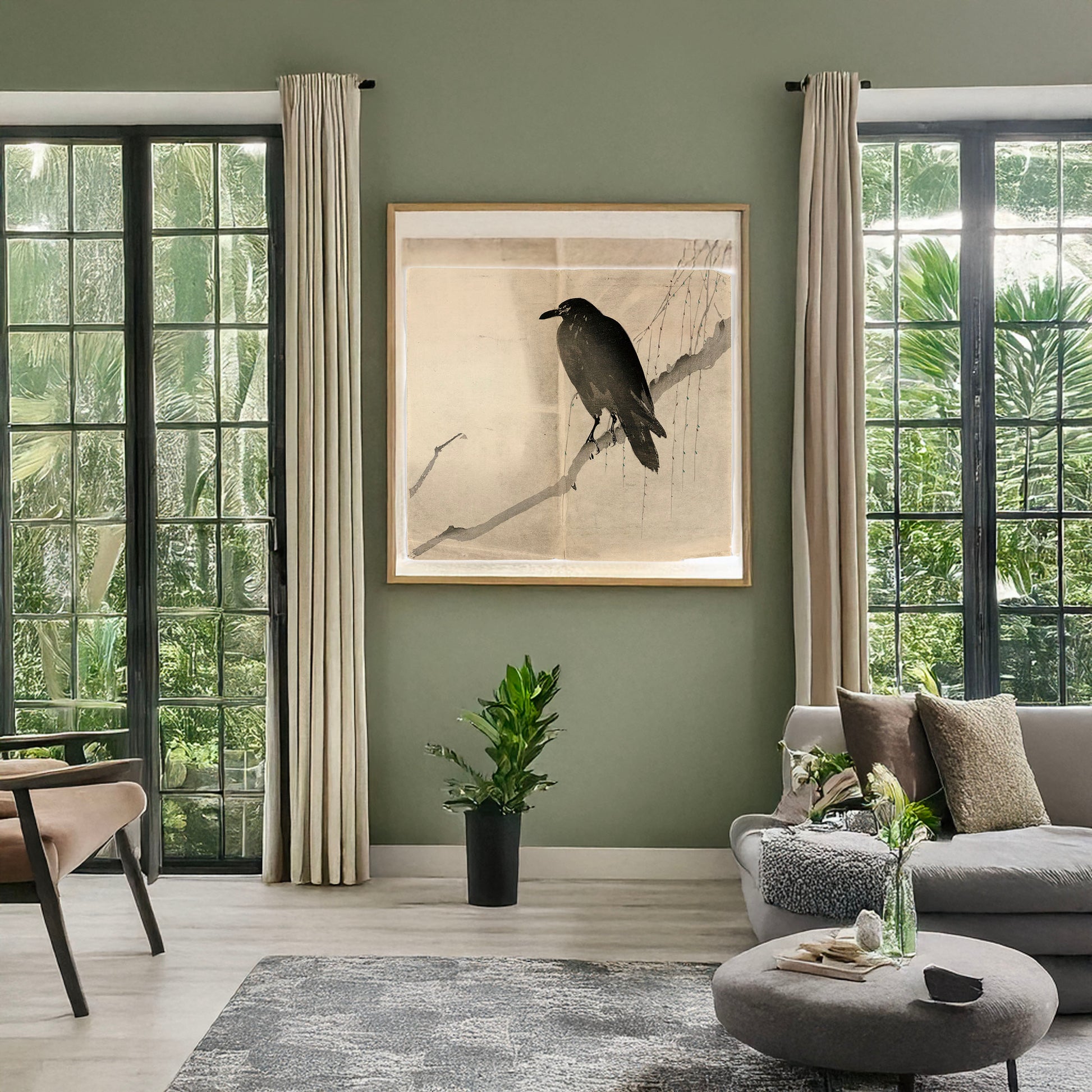 A picture of Yanagi ni karasu, a mockup of the print leaning against a wall
