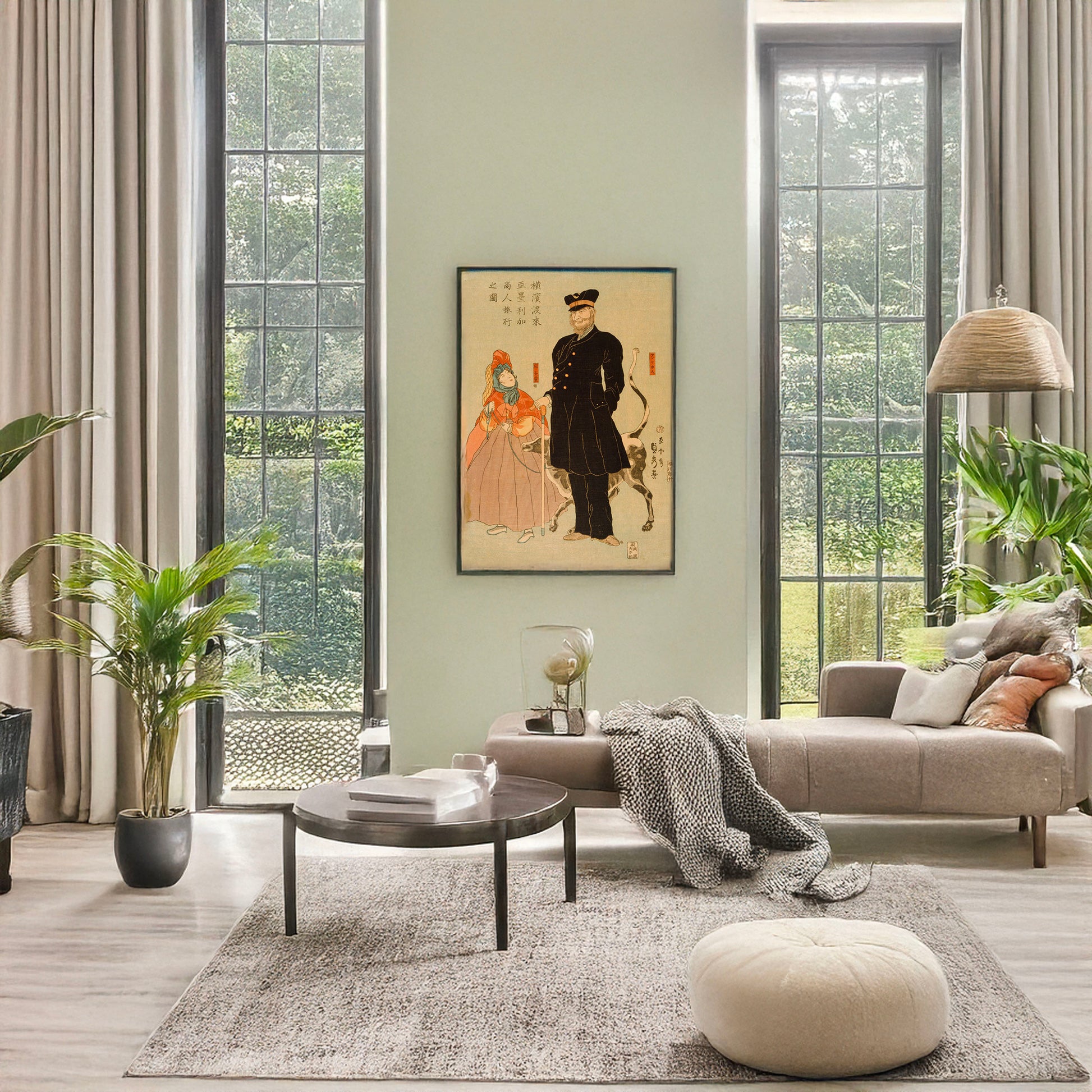 A picture of Yokohama torai Amerika shōnin ryōko no zu, a mockup of the print leaning against a wall