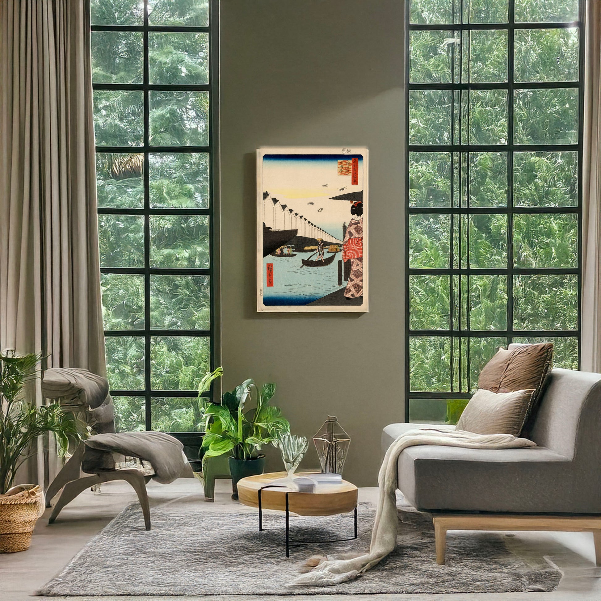 A picture of Yoroi-no watashi koami-chō, a mockup of the print leaning against a wall