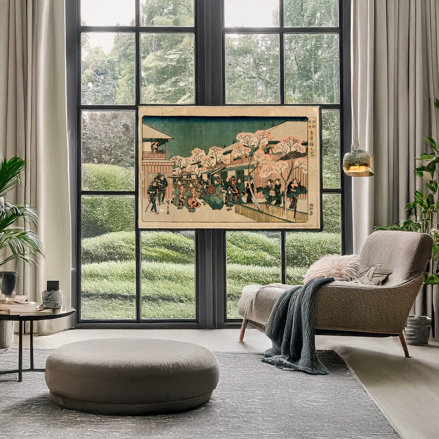 A picture of Yoshiwara sakura no zu, a mockup of the print leaning against a wall