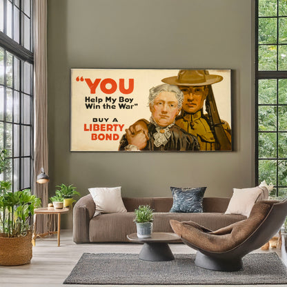 A picture of "You - help my boy win the war" Buy a Liberty Bond., a mockup of the print leaning against a wall