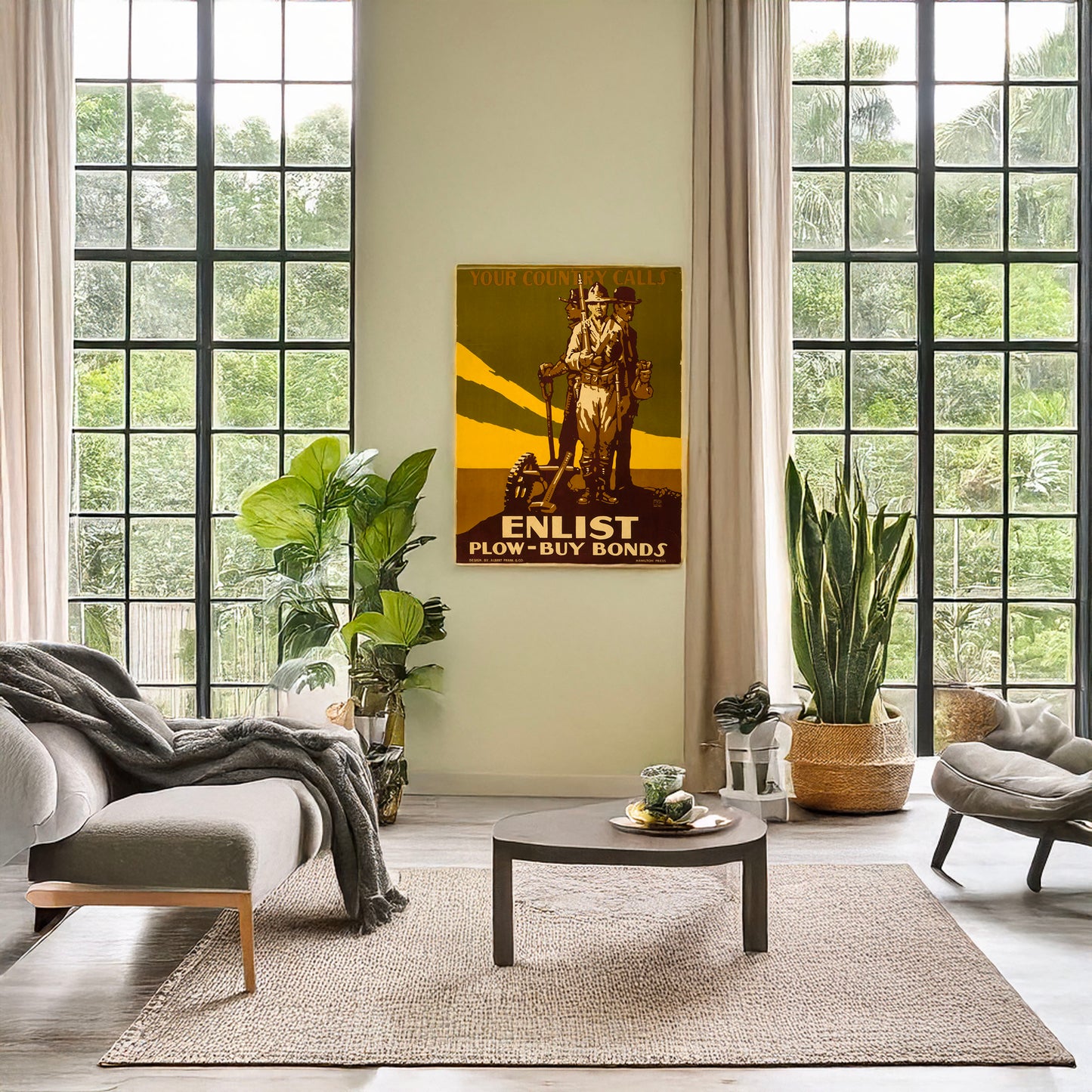 A picture of Your country calls Enlist : Plow - buy bonds /, a mockup of the print leaning against a wall