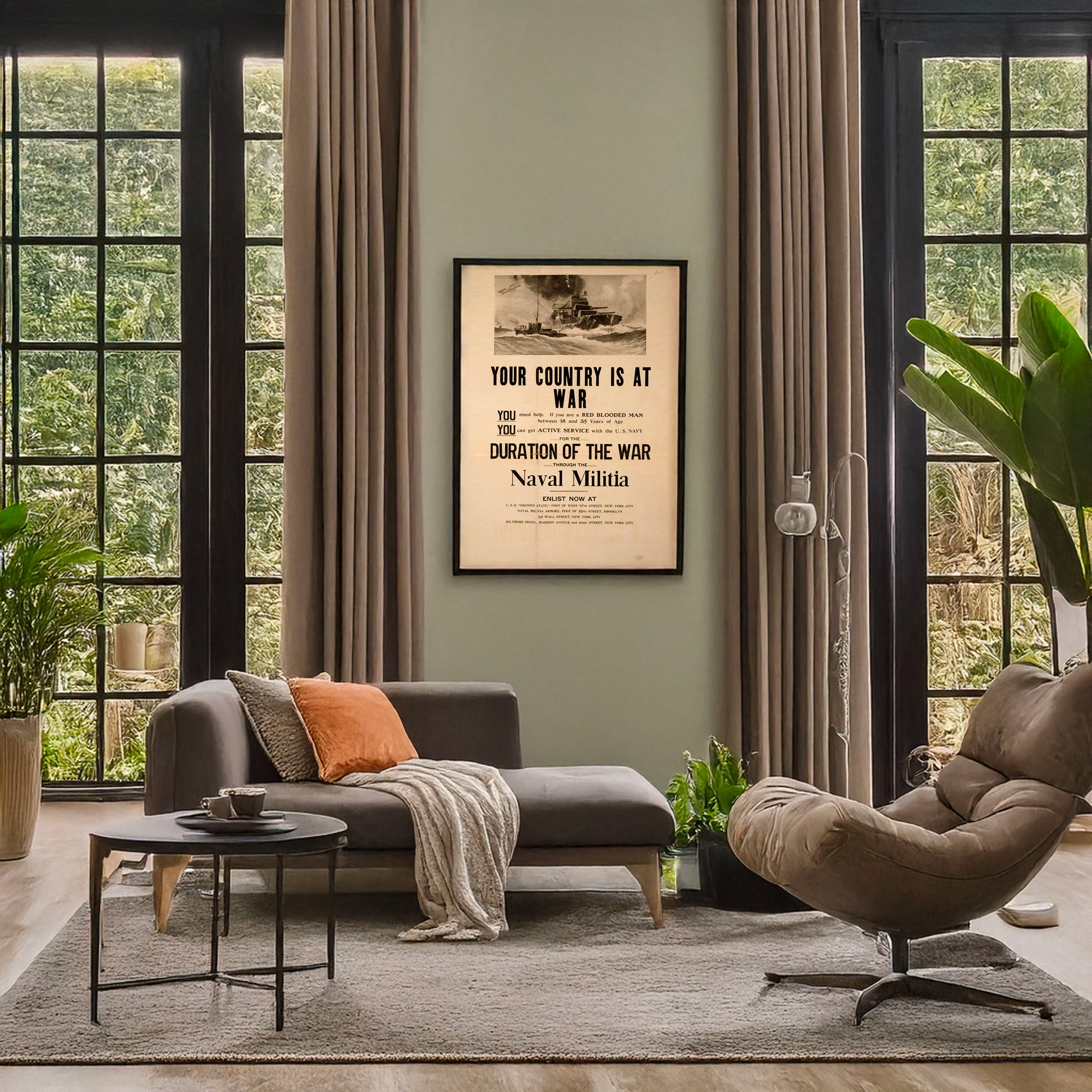 A picture of Your country is at war, a mockup of the print leaning against a wall