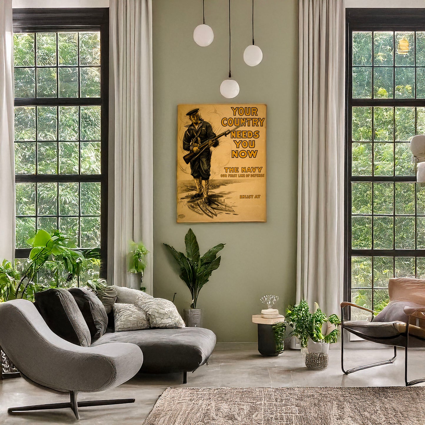 A picture of Your country needs you now - The Navy, our first line of defense, a mockup of the print leaning against a wall