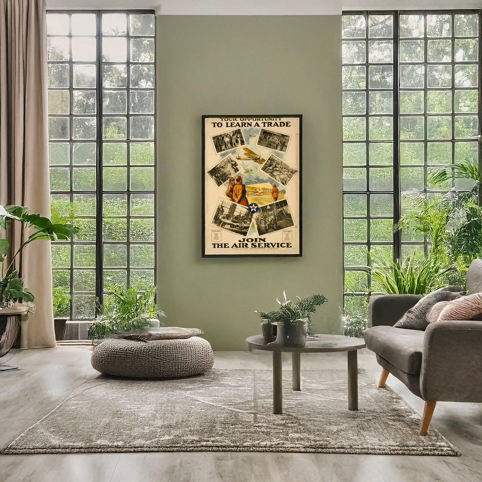 A picture of Your opportunity to learn a trade Join the Air Service, United States Army., a mockup of the print leaning against a wall