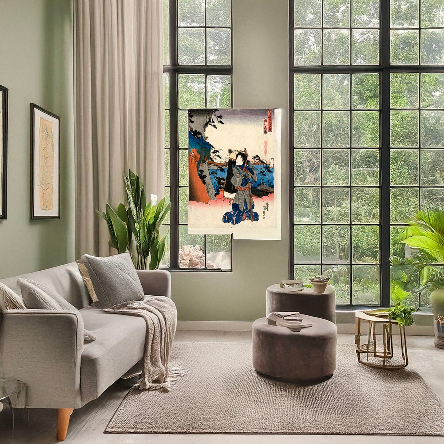 A picture of Yui no zu, a mockup of the print leaning against a wall