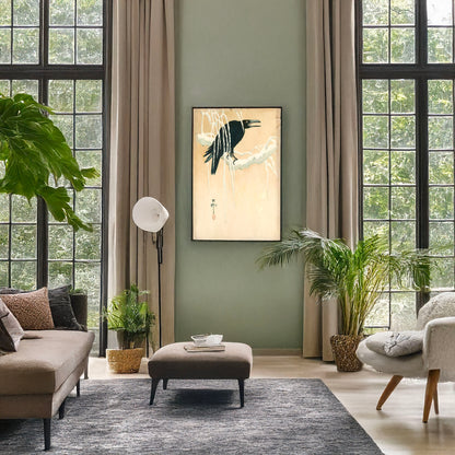 A picture of Yuki yanagi ni karasu, a mockup of the print leaning against a wall