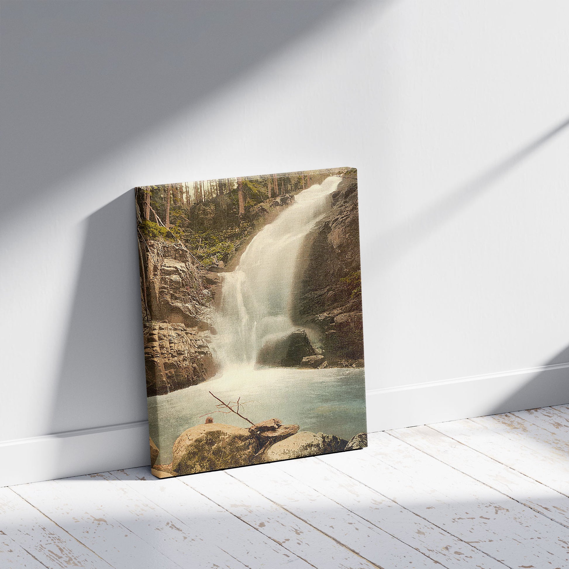 A picture of Zackefall, Riesengebirge, Germany, a mockup of the print leaning against a wall