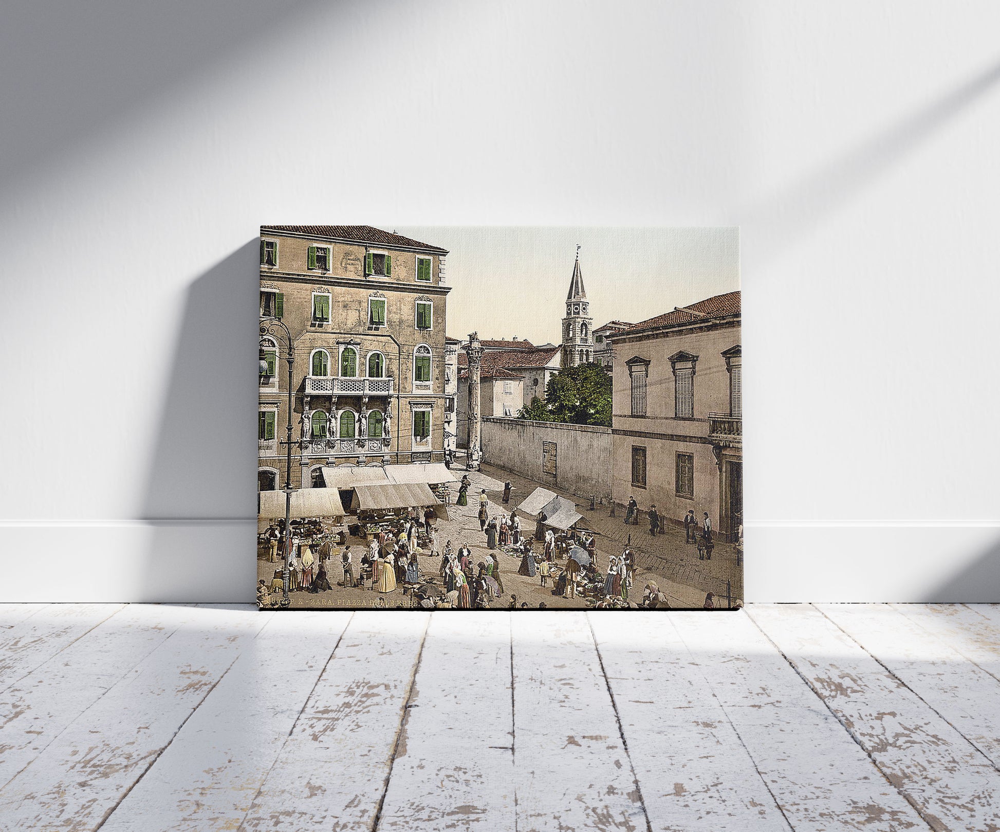 A picture of Zara, Erbe Square, Dalmatia, Austro-Hungary, a mockup of the print leaning against a wall