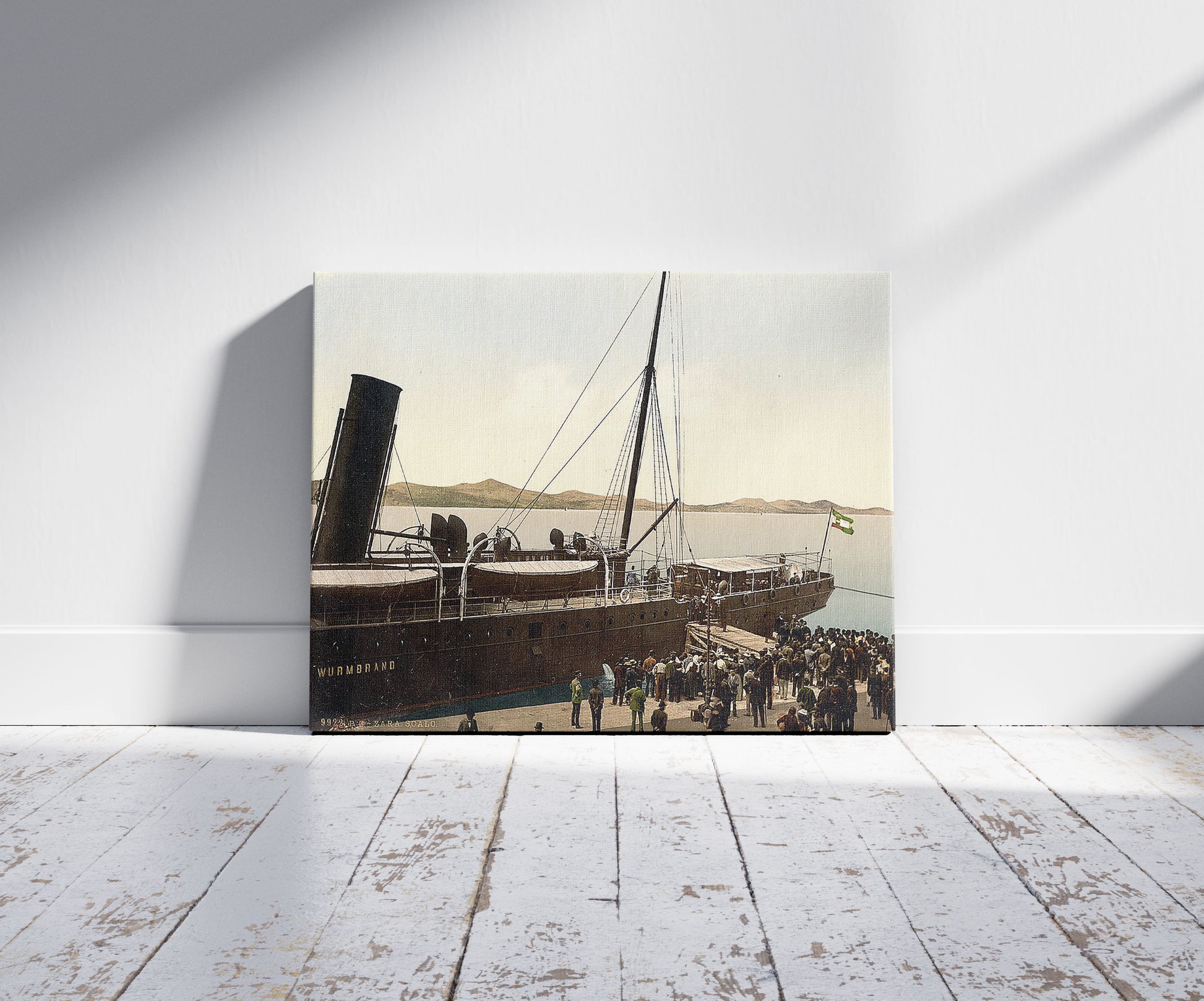 A picture of Zara, landing place, Dalmatia, Austro-Hungary, a mockup of the print leaning against a wall