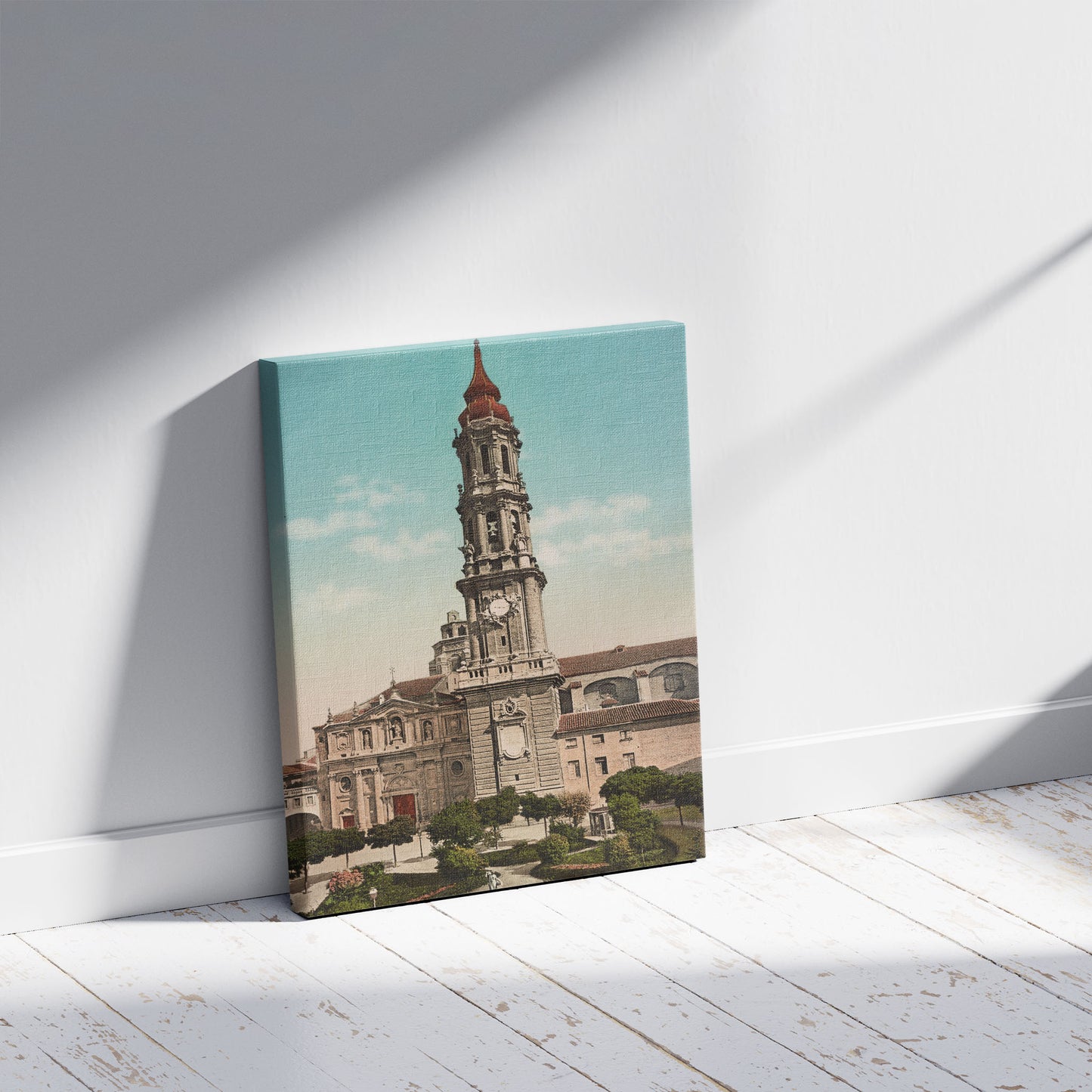 A picture of Zaragoza. La Seo, a mockup of the print leaning against a wall