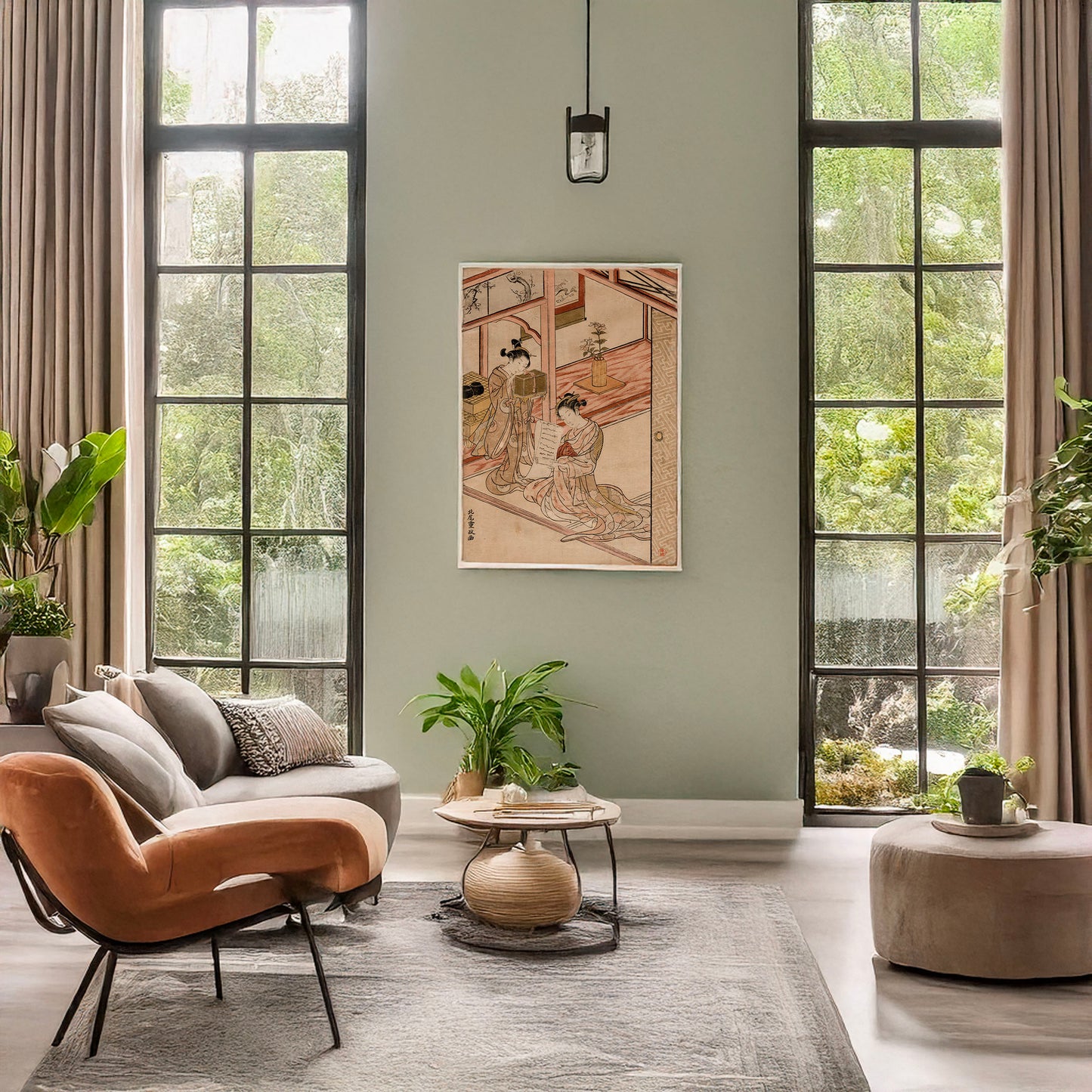 A picture of Zashiki no yūjo to kamuro, a mockup of the print leaning against a wall