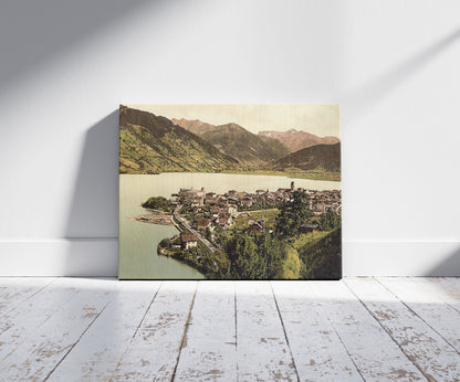 A picture of Zell on the lake (i.e., Zell am See) from the Kalvarienberg, Austria, Austro-Hungary, a mockup of the print leaning against a wall