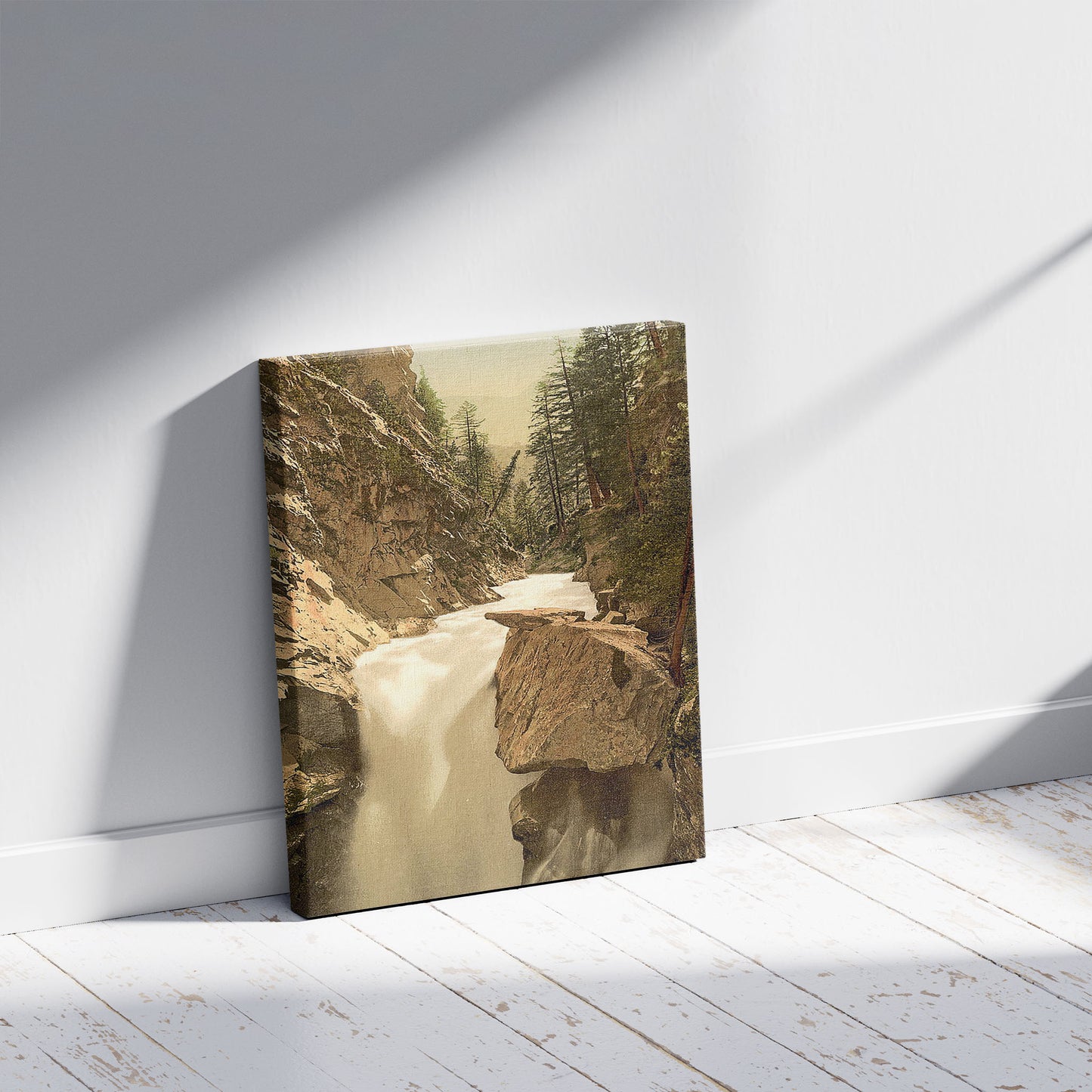 A picture of Zermatt, Gorner Gorge, Valais Alps of, Switzerland, a mockup of the print leaning against a wall