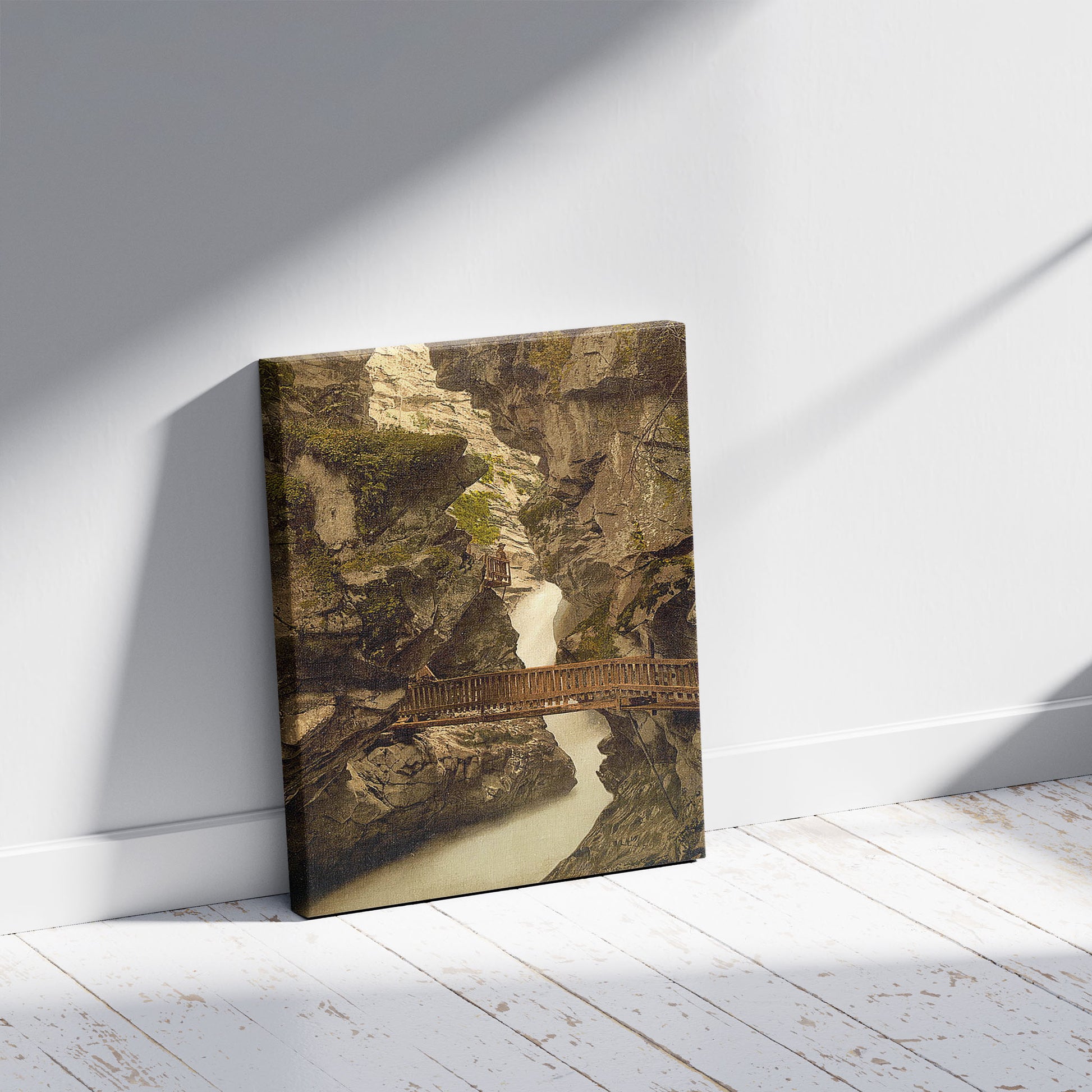 A picture of Zermatt, Upper Gorner Gorge, Valais Alps of, Switzerland, a mockup of the print leaning against a wall