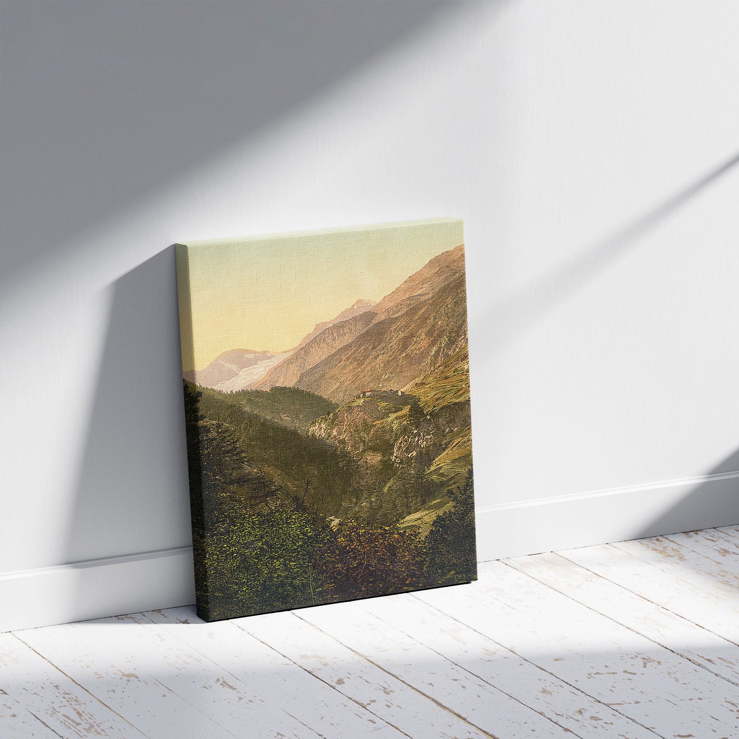 A picture of Zmutt Valley, glacier in background, Valais, Allps of, Switzerland, a mockup of the print leaning against a wall