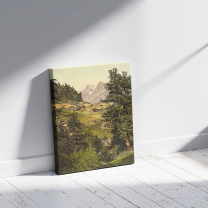 A picture of Zmutt Valley with Mischabelhörner group, Valais, Alps of, Switzerland, a mockup of the print leaning against a wall