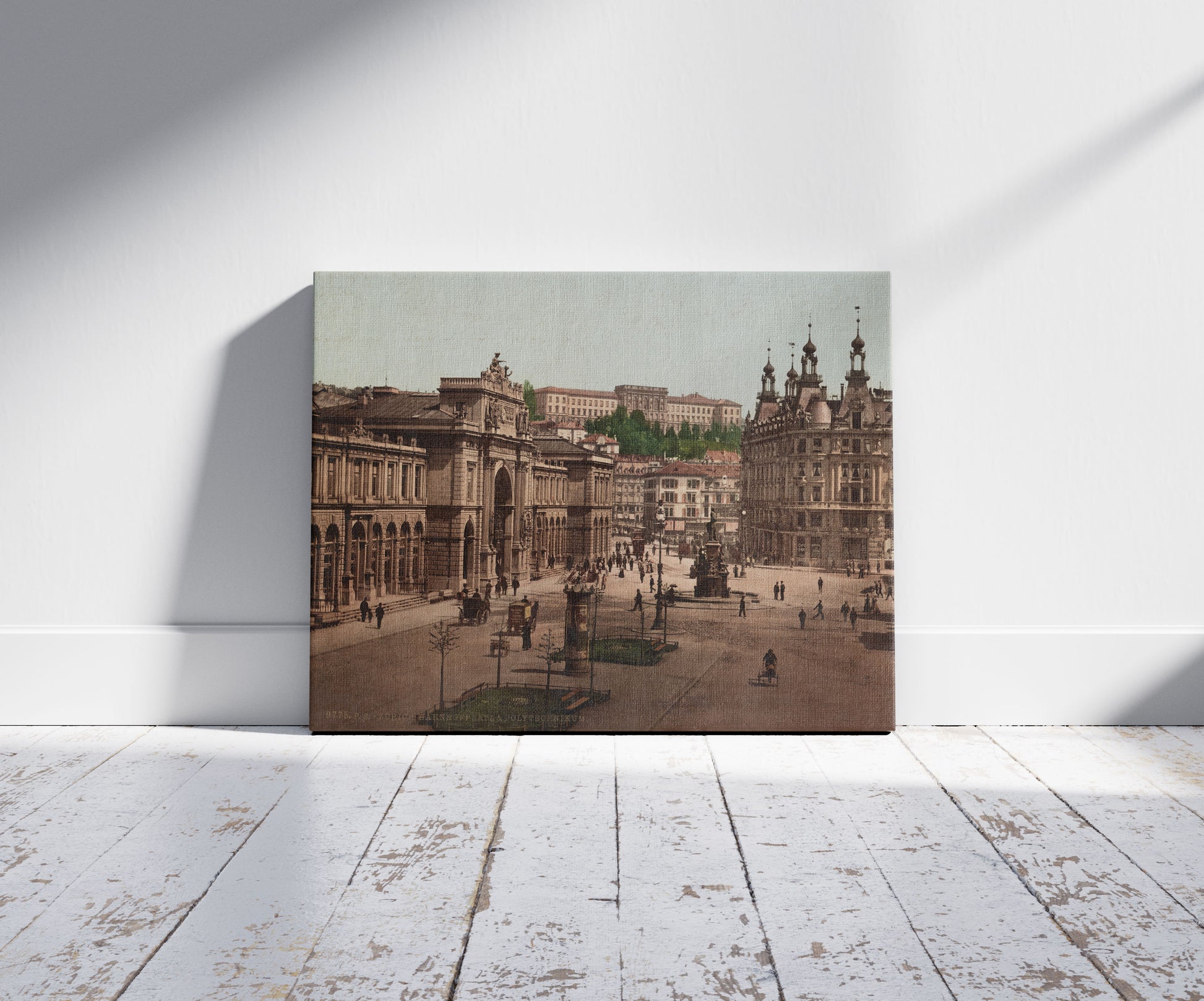 A picture of Zürich. Bahnhofplatz & Polytechnikum, a mockup of the print leaning against a wall