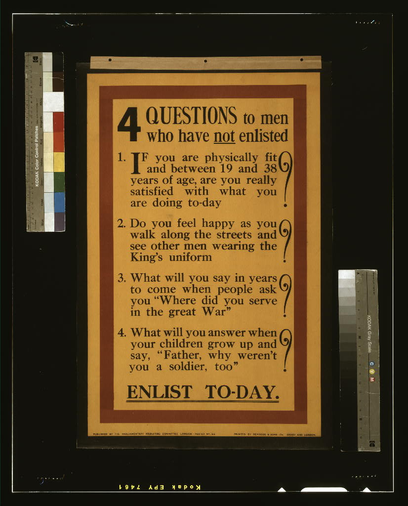 A picture of 4 questions to men who have not enlisted. ... Enlist to-day