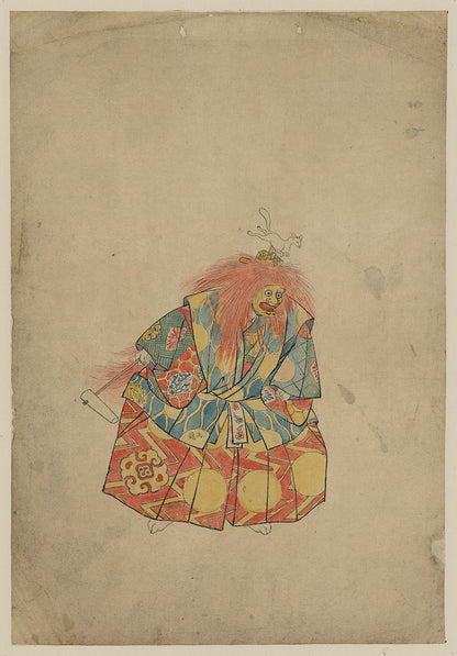 A picture of A clown wearing colorful costume and mask, with wild hair and hat with animal on top, and holding a rattle