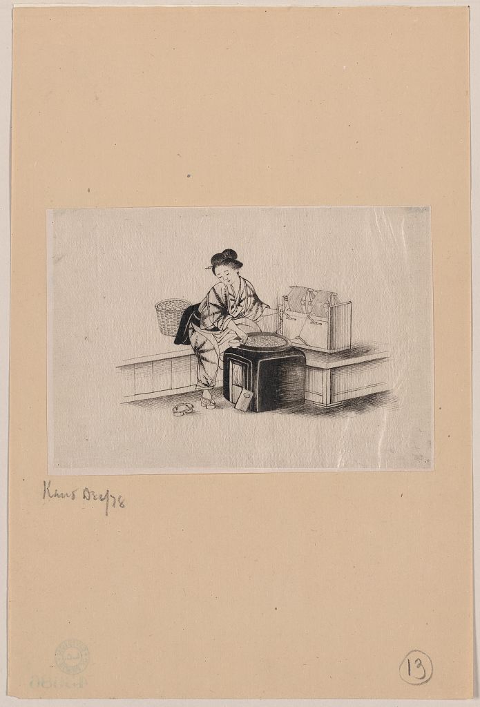 A picture of A Japanese woman, with one shoe (geta) off (to operate spinning machine), spinning silk from silkworm cocoons