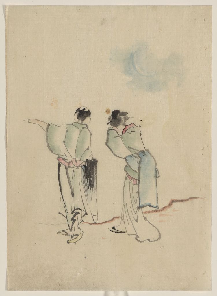 A picture of A man and a woman, seen from behind, are looking to where the man is pointing with his left arm, he holds a closed parasol in his right hand; the woman has her hands on her face, it is unclear whether she is peering into the distance or crying