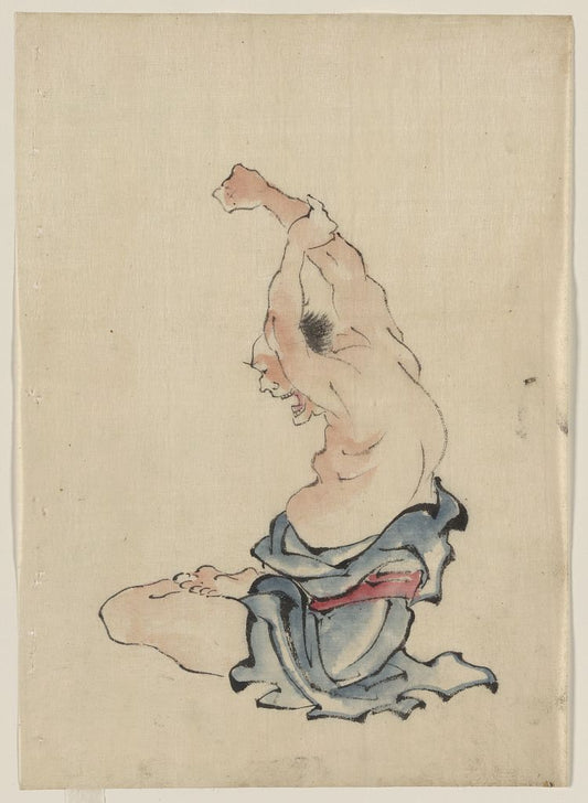 A picture of A man, bare-chested, sitting cross-legged with arms raised over his head, stretching or practicing yoga(?)