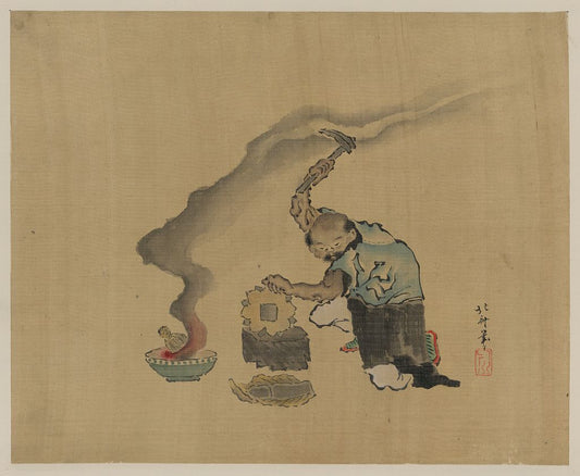 A picture of A man engaged in metalwork, appears to be melting statues to reuse the metal, with a kitten next to his left leg