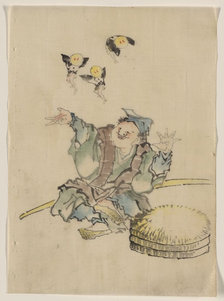 A picture of A man, sitting on the ground, is wearing several layers of clothing, a peaked cap, and sandals; three large disks topped with straw are on the ground in front, a long staff behind, and three fairies dance in the air overhead