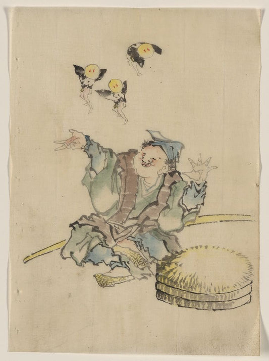 A picture of A man, sitting on the ground, is wearing several layers of clothing, a peaked cap, and sandals; three large disks topped with straw are on the ground in front, a long staff behind, and three fairies dance in the air overhead