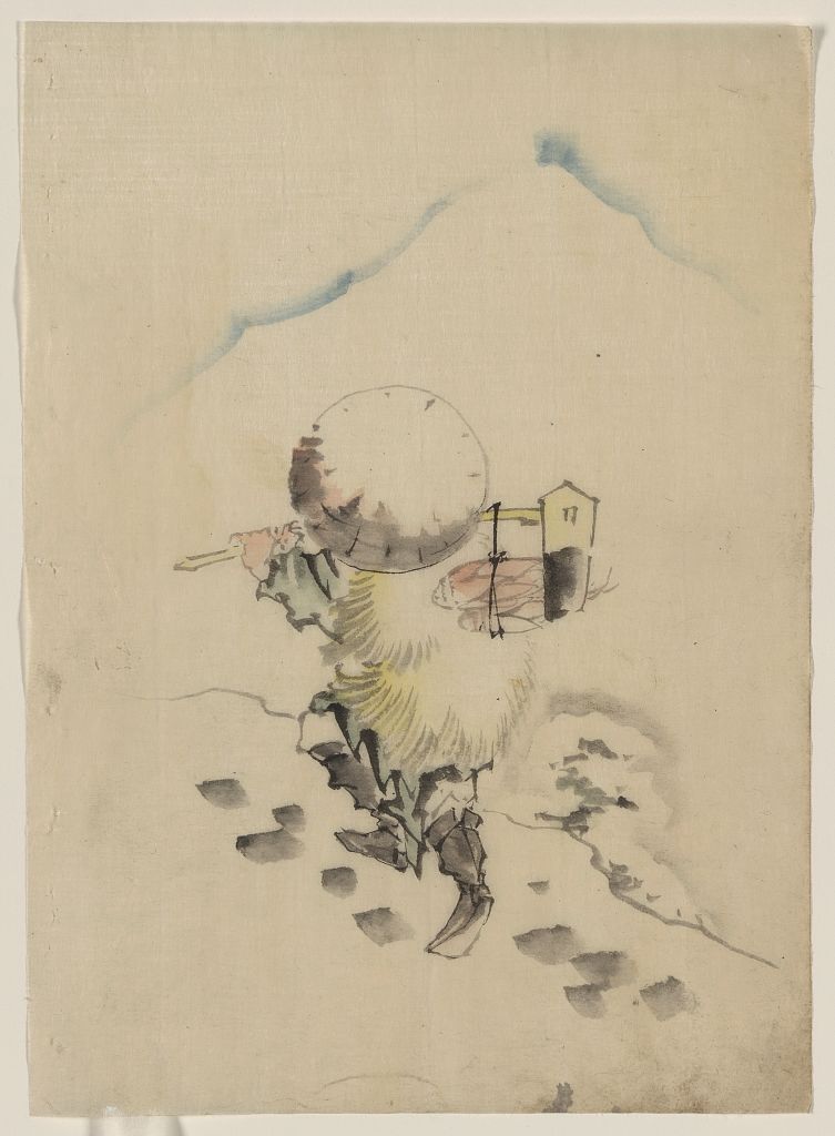 A picture of A man, wearing a conical hat, a straw or feather outer garment, and boots, is carrying a long-handled tool, possibly a dipper or mallet, from which fish are hanging